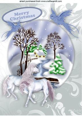 Pretty Snow Scene with Blue Birds and White Horses A4