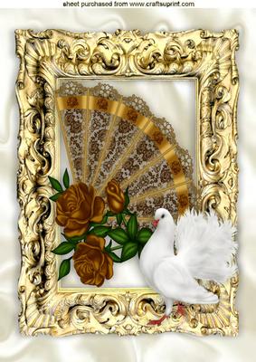 Gold Roses on Lace Fan with Dove in Gold Baroque Frame A4