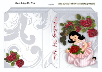 Thinking of You, Pretty Lady with Red Roses Folded Book
