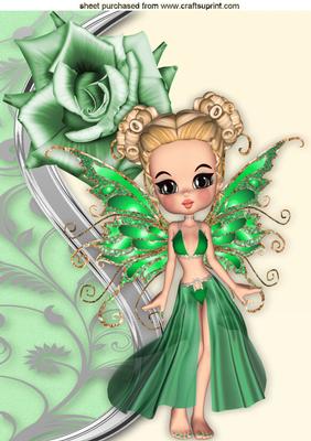 Little Faerie in Green with Green Rose A4