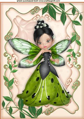 Green Faerie in Floral Frame A4