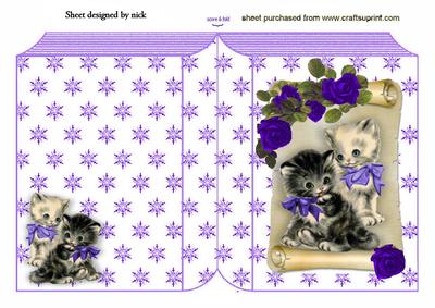 Cute Kittens with Purple Roses on a Scroll Folded Book