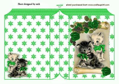 Cute Kittens with Green Roses on a Scroll Folded Book