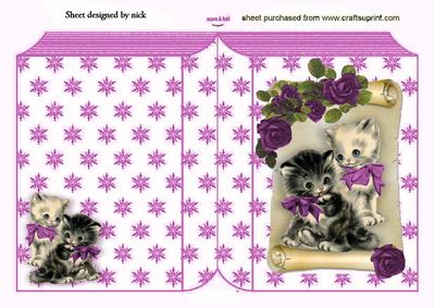 Cute Kittens with Pink Roses on a Scroll Folded Book