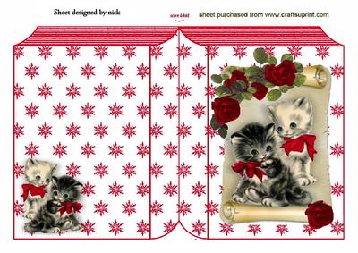 Cute Little Kittens with Red Roses on a Scroll Folded Book