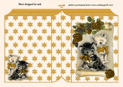 Cute Little Kittens with Gold Roses on a Scroll Folded Book