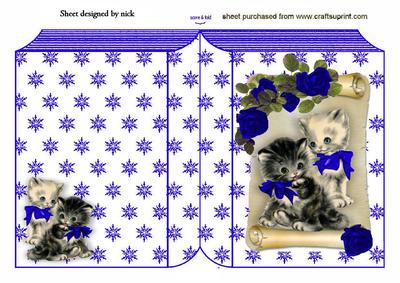 Cute Little Kittens with Blue Roses on a Scroll Folded Book