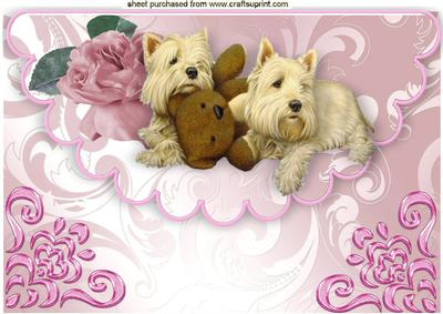 Cute Westies with Pink Rose on Scalloped Envelope A4