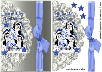 Playful Penguins on Scalloped Envelope with Bow
