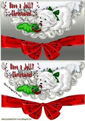 White Puppy with Stocking, on Scalloped Envelope