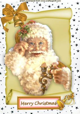 Vintage Santa in Gold on a Scroll with Stars A4