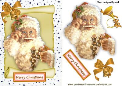 Vintage Santa in Gold on a Scroll with Stars