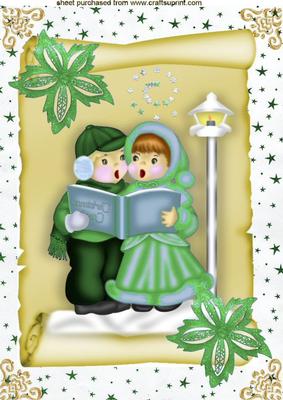 Carol Singers in Green on a Scroll A4