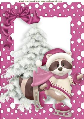 Cute Raccoon Skating in Pink Snow Frame A4