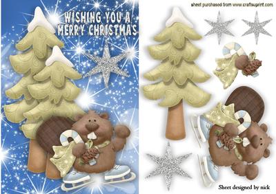 Cute Beaver with Christmas Trees & Stars