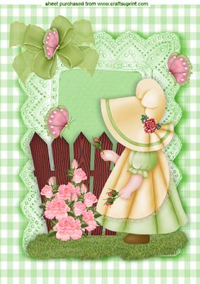 Little Bonnet Girl in Green in the Garden A4