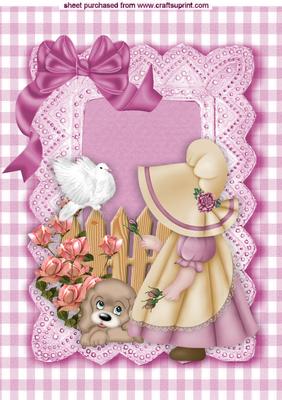 Little Bonnet Girl in Pink with Her Puppy and White Dove A4