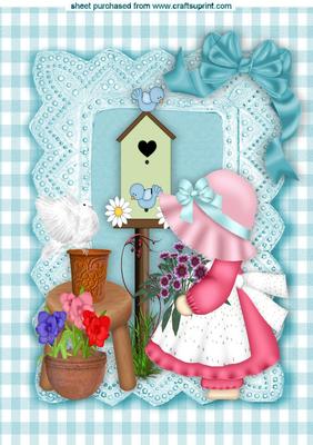 Little Bonnet Girl Gardening with Birdhouse and Dove A4