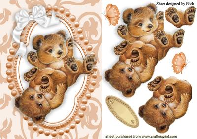 Cute Playful Teddy Bears in Bead Ornate Frame