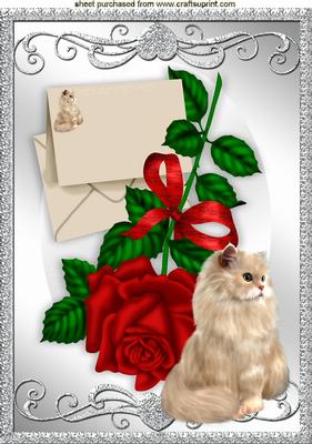 Christmas Red Rose with Fluffy Cat A4