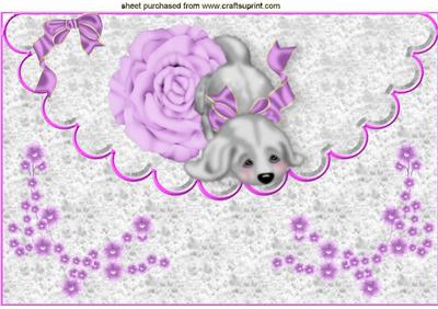 Lilac Rose with Cute Puppy on a Scalloped Envelope A4