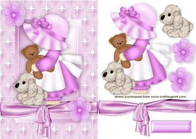 Little Bonnet Girl with Her Teddy and Puppy in Star Frame