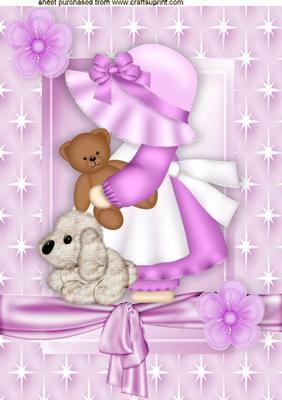 Little Bonnet Girl with Her Teddy and Puppy in Star Frame A4
