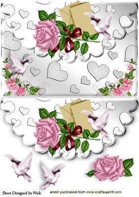 Pink Roses & Pink Doves on Scalloped Envelope
