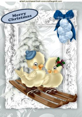 Little Love Birds on Ski's in Silver Frame with Tree A4