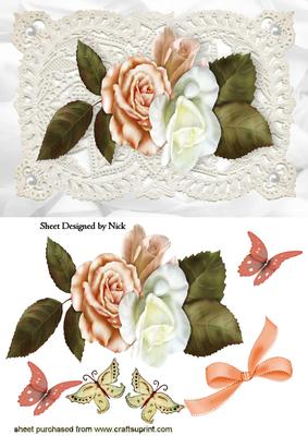 Peach Roses on Vintage Ecru Lace with Butterflies