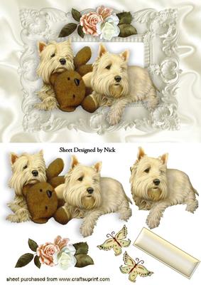 Cute Westies with Teddy Bear in Ornate Scroll Frame
