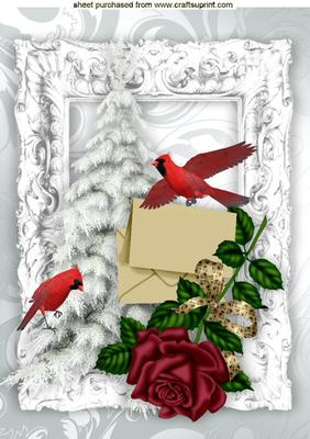Red Rose with Red Cardinals in Silver Baroque Frame A4