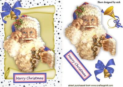 Santa on a Scroll with Candle in Sky Blue