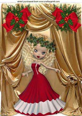 Pretty Lady in Red with Gold Drapes and Flowers A4