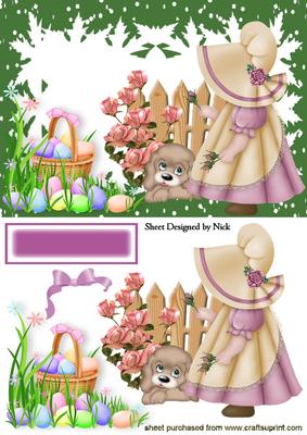 Bonnet Girl with Puppy and Basket of Easter Eggs
