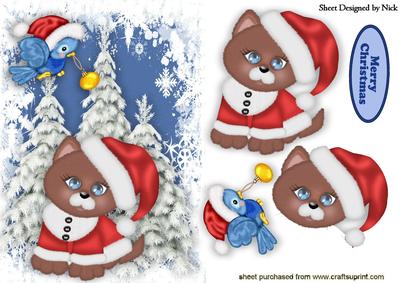 Puddy Cat in Santa Hat with Little Blue Bird