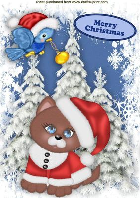 Puddy Cat in Santa Hat with Little Blue Bird A4