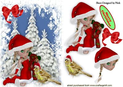 Little Faerie in Santa Hat with Little Bird