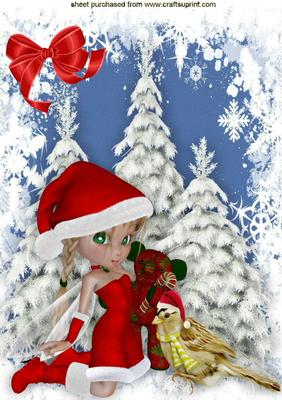 Little Faerie with Santa Hat on with Little Bird A4