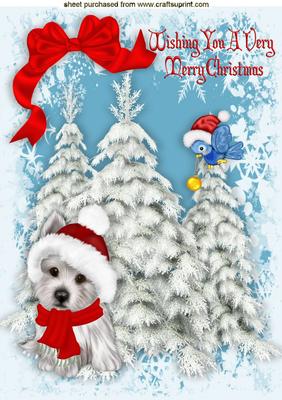 Fluffy White Westie in Santa Hat with Little Bird A4