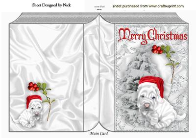 Cute Little Wrinkles Puppy in Santa Hat on Folded Book