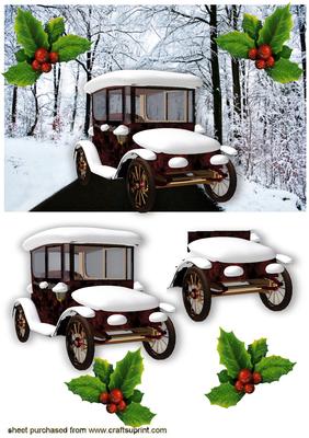 Vintage Car on a Snowy Woodland Road