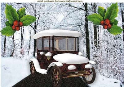 Vintage Car on a Snowy Woodland Road A4