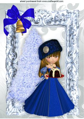 Pretty Lady Dressed in Blue with Christmas Pudding A4