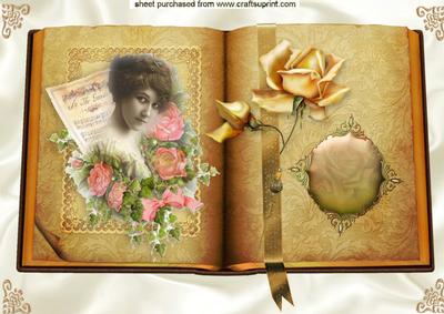 Vintage Lady with Pink and Gold Roses on Open Book A4