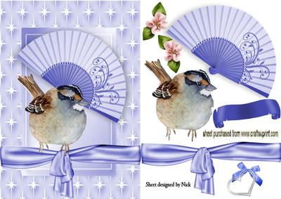 Pretty Blue Fan with Bluebird in Star Frame