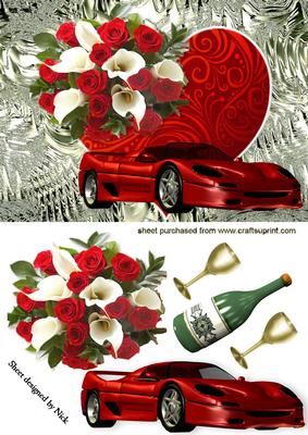 Big Red Heart with Roses and Red Car, on Funky Silver Back