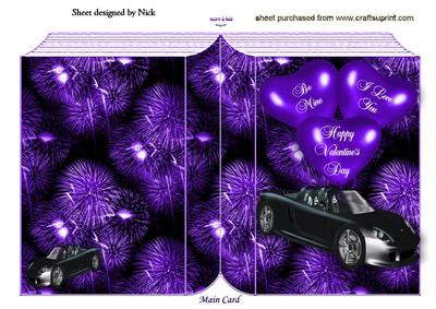 Black Sports Car with Purple Love Hearts, Fireworks