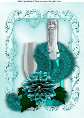Turq Ornate Frame with Champ, Flower, and Fur Stole A4