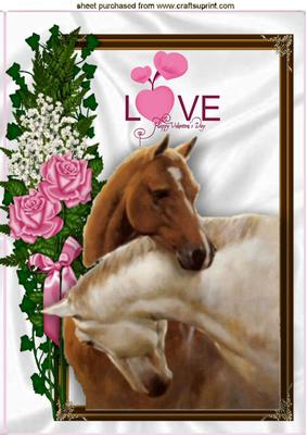 Love Hearts with Horses in Rose Frame A4